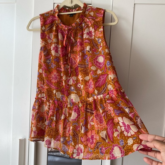 Ann Taylor Loft Silk Vibrant Floral Blouse - Orange and Pink - Large - Picture 3 of 9